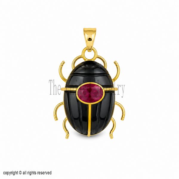 Sterling Silver Black Onyx Scarab Pendant with Ruby, Egyptian Inspired Charm