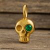 Gold Skull Pendant, Emerald Green Eye, 925 Sterling Silver