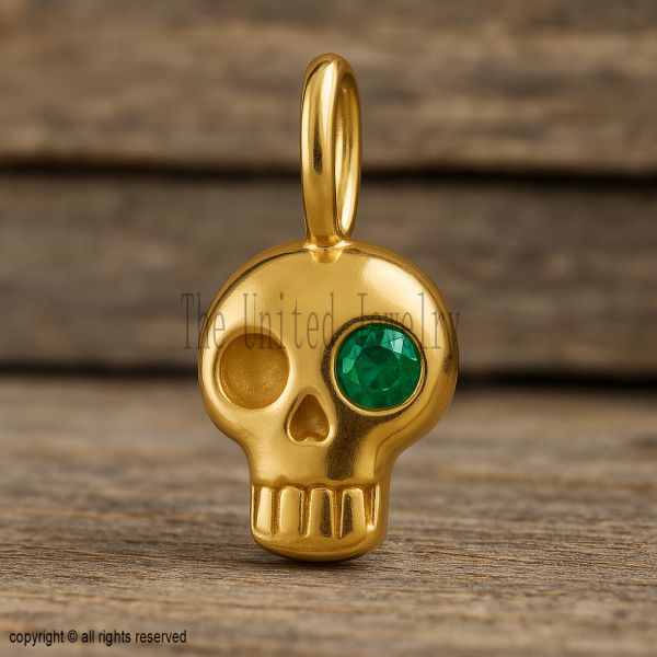 Gold Skull Pendant, Emerald Green Eye, 925 Sterling Silver