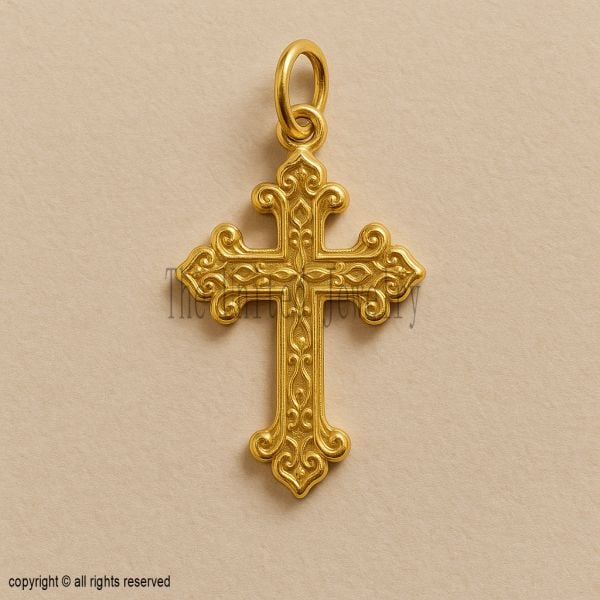 925 Sterling Silver Cross Pendant Gold Plated, Vintage Engraved Christian Cross Charm, Religious Necklace
