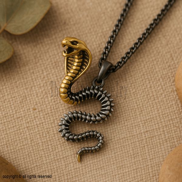 Sterling Silver Cobra Snake Pendant Necklace, Two Tone Gothic Serpent Jewelry