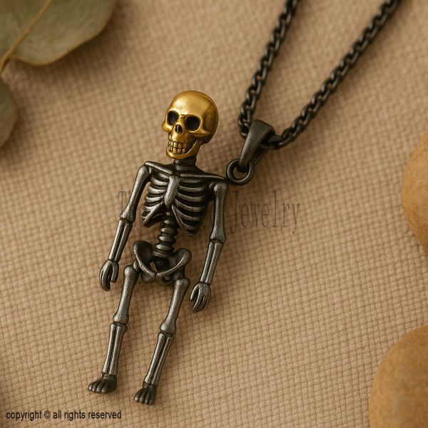 925 Sterling Silver Two-Tone Skeleton Pendant Necklace, Gothic Punk Jewelry