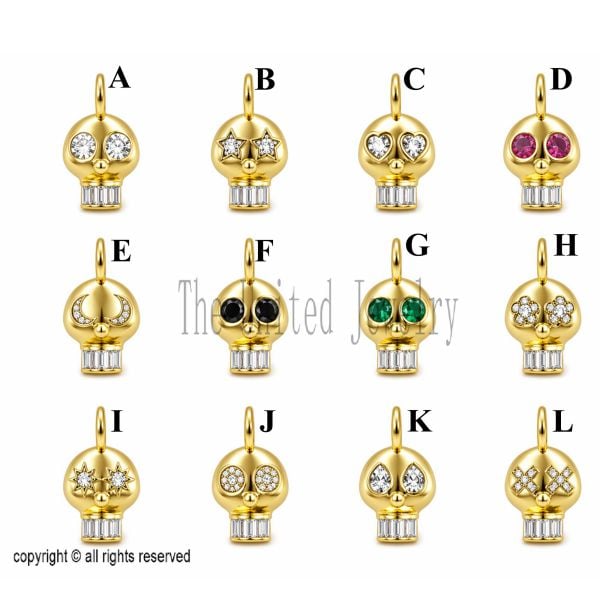 Gold Plated Sterling Silver Skull Pendant, Emerald Eyes, Gothic Biker Jewelry