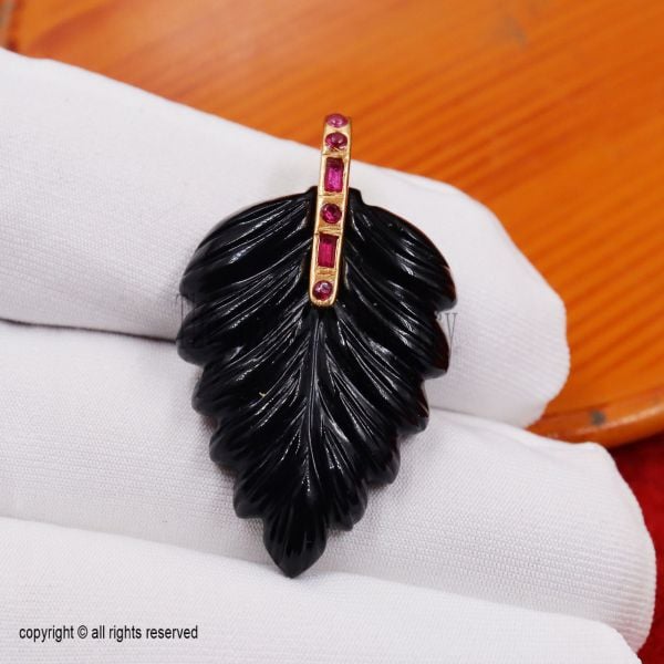 925 Sterling Silver Black Leaf Pendant with Ruby Stones | Handmade Carved Onyx Leaf Charm