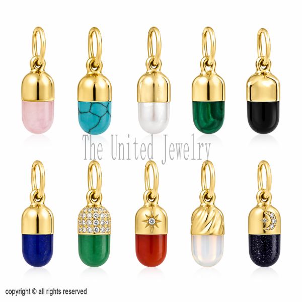 925 Sterling Silver Capsule Pendant, Gold Vermeil Pill Charm, Gemstone Necklace