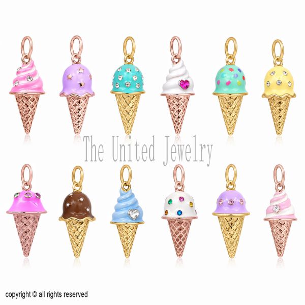 Sterling Silver Enamel Ice Cream Cone Charm Pendant, Gold Plated Dessert Jewelry
