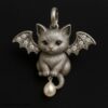 Sterling Silver Bat Wing Cat Pendant, Gothic Pearl Drop Necklace