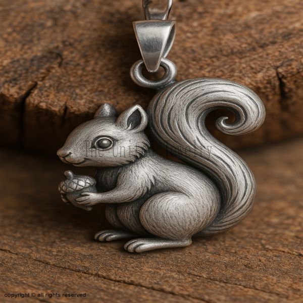 Sterling Silver Squirrel Pendant | Vintage Oxidized Acorn Charm