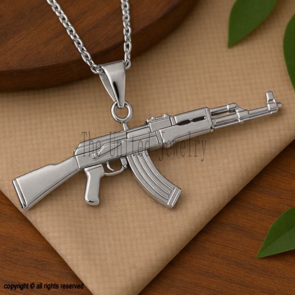 Sterling Silver AK Style Rifle Pendant Necklace, Minimalist Statement Charm