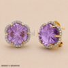Solid 925 Sterling Silver Amethyst Flower Halo Stud Earrings, Hand Carved Gemstone