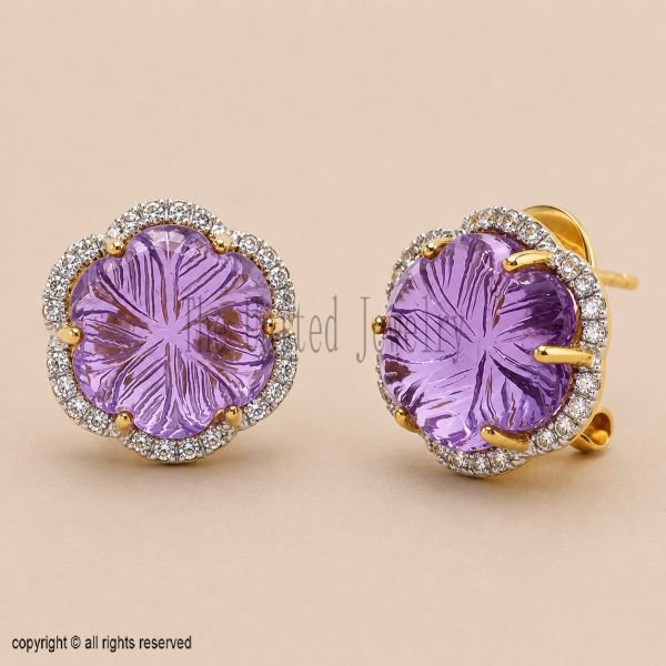 Solid 925 Sterling Silver Amethyst Flower Halo Stud Earrings, Hand Carved Gemstone