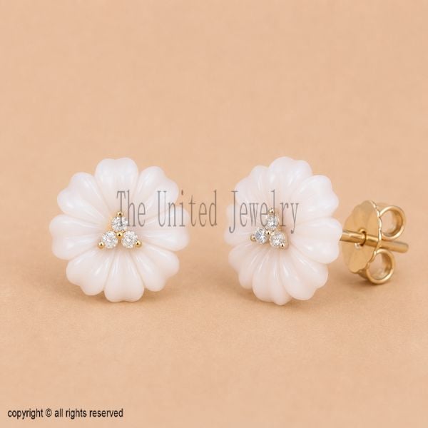 Solid 925 Sterling Silver Hand Carved Mother of Pearl Flower Stud Earrings