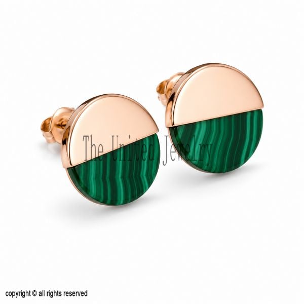 Solid 925 Sterling Silver Malachite Geometric Round Stud Earrings