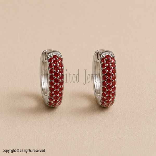 Solid 925 Sterling Silver Pave Ruby Huggie Hoop Earrings, Minimalist Handmade Jewelry
