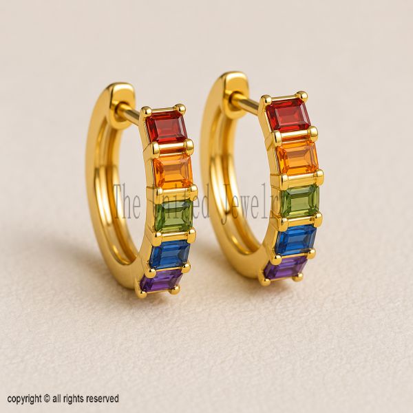 Rainbow Baguette Huggie Hoop Earrings, Gold Plated Sterling Silver, Colorful CZ