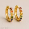 Solid 925 Sterling Silver Rainbow Hoop Earrings | Gold Plated Gemstone Huggie Hoops