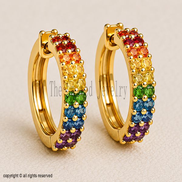 Solid 925 Sterling Silver Rainbow Hoop Earrings | Gold Plated Gemstone Huggie Hoops