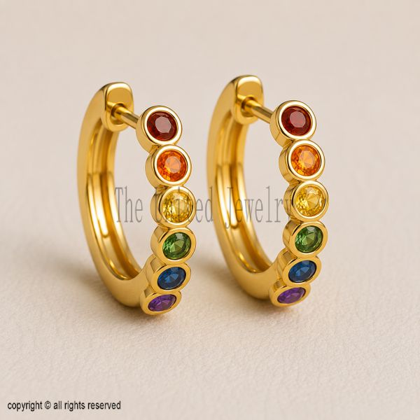 Solid 925 Sterling Silver Rainbow Hoop Earrings | Gold Plated Gemstone Huggie Hoops