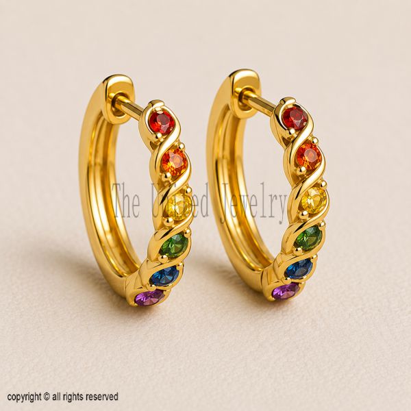 Solid 925 Sterling Silver Twisted Rainbow Hoop Earrings | Gold Plated Gemstone Huggie Hoops