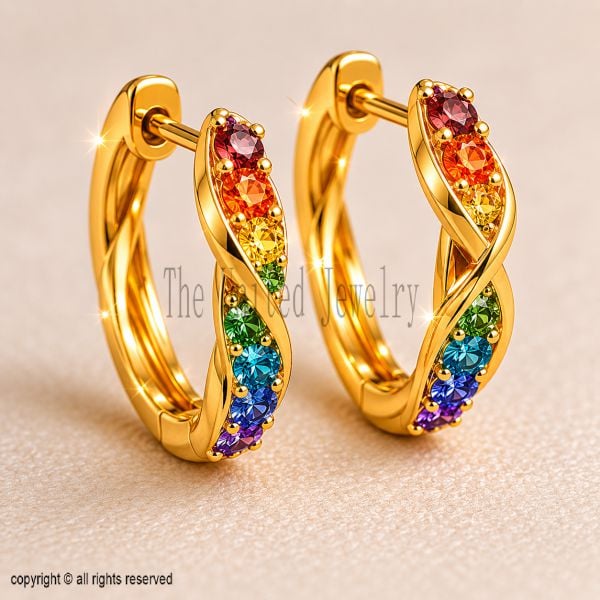 Solid 925 Sterling Silver Twisted Rainbow Hoop Earrings | Gold Plated Gemstone Huggie Hoops