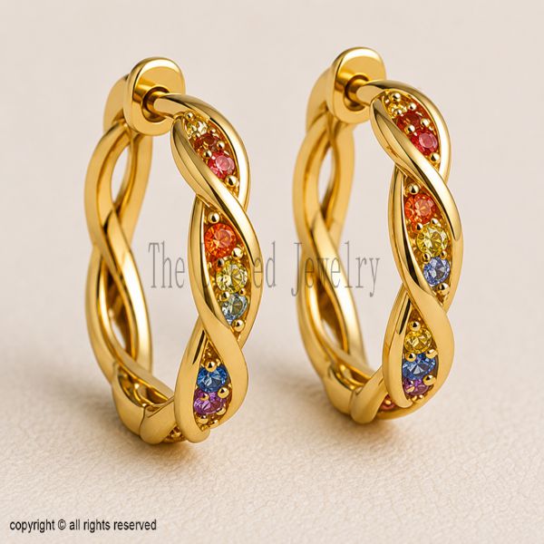 Solid 925 Sterling Silver Twisted Rainbow Hoop Earrings | Gold Plated Gemstone Huggie Hoops