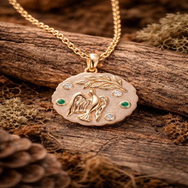 Sterling Silver Bird Medallion Necklace, Nature Leaf Detail, Minimalist Symbolic Jewelry