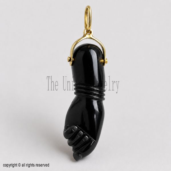 Sterling Silver Black Onyx Figa Hand Pendant, Gold Plated Mano Fico Talisman Charm