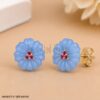 Sterling Silver Blue Chalcedony Flower Stud Earrings with Ruby Accents