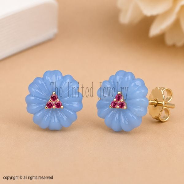 Sterling Silver Blue Chalcedony Flower Stud Earrings with Ruby Accents