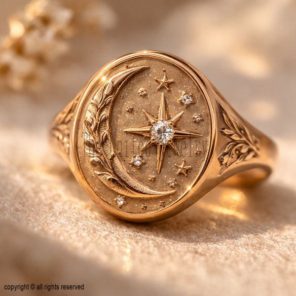 Sterling Silver Celestial Star Moon Signet Ring, Vintage Astrology Diamond Starburst