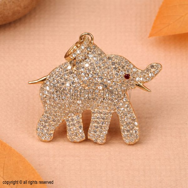 Sterling Silver Elephant Pendant, Gold Diamond Charm, Lucky Animal Necklace