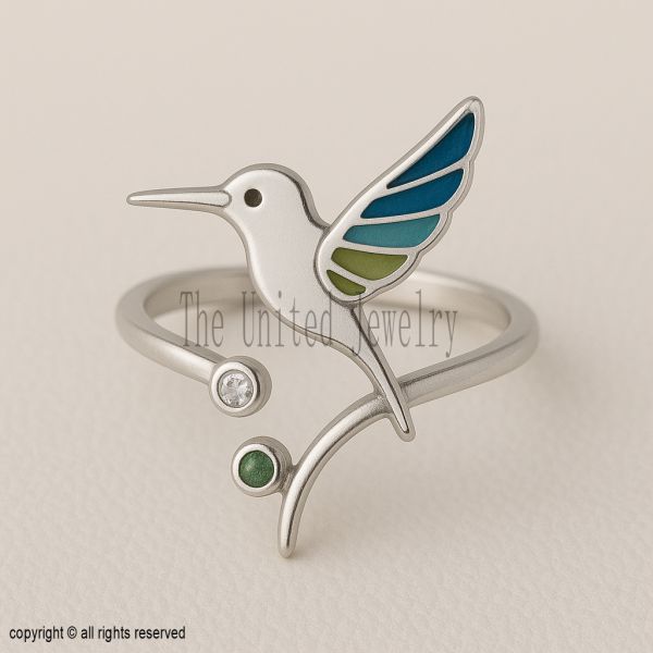Sterling Silver Enamel Hummingbird Ring, Adjustable Nature Jewelry