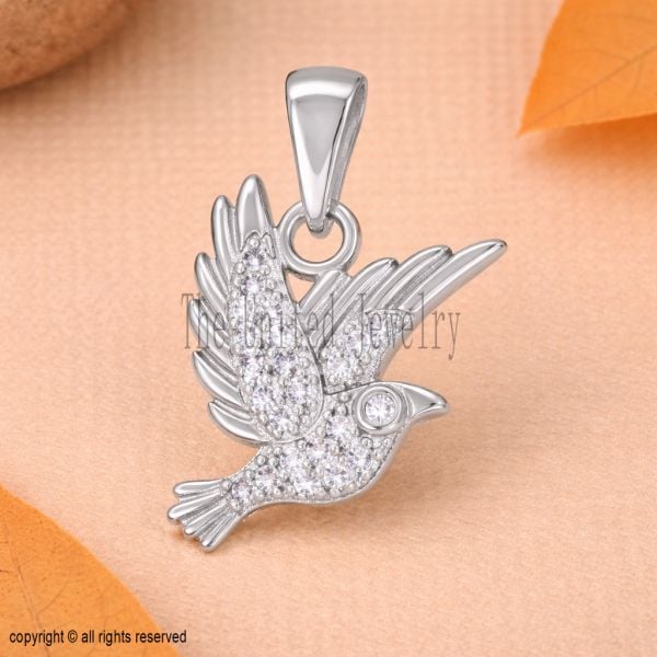 Sterling Silver Flying Bird Pendant, Minimal Dove Animal Jewelry
