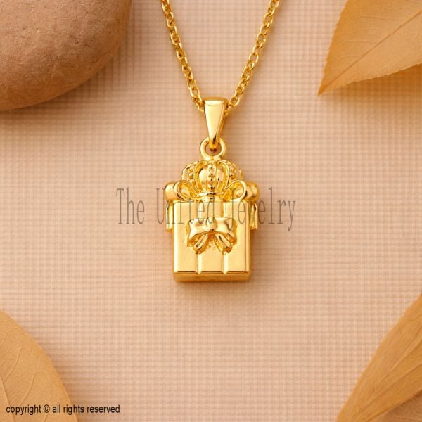 Sterling Silver Gift Box Pendant, Gold Plated Bow Charm Necklace