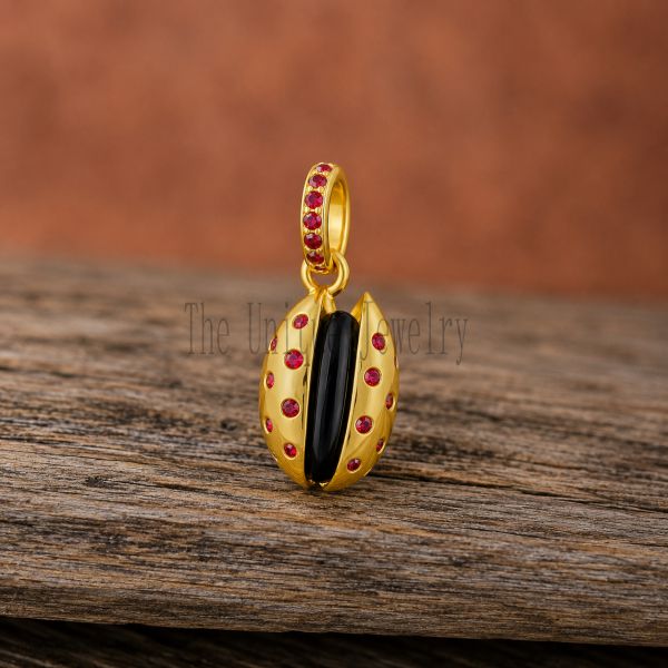 Sterling Silver Ladybug Pendant, Black Pistachio Gemstone, Ruby CZ Charm