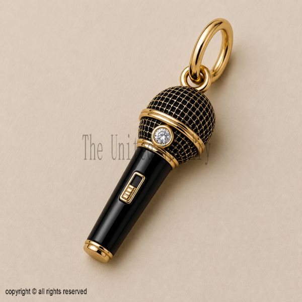Sterling Silver Microphone Pendant, Black Enamel, Music Lover Charm Necklace