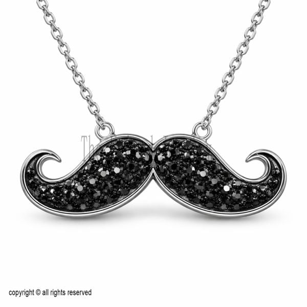 Sterling Silver Mustache Necklace, Black CZ Pendant, Hipster Beard Charm