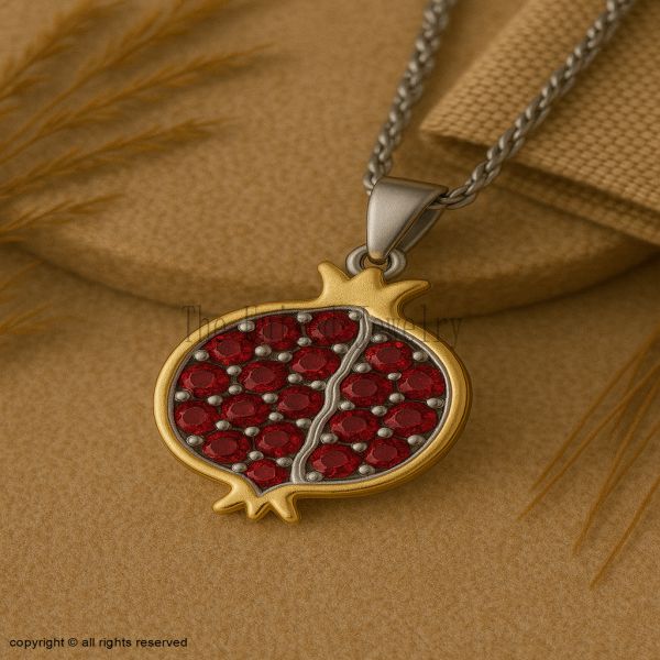 Sterling Silver Pomegranate Necklace, Ruby Gemstone Fruit Charm, Two-Tone Gold Silver