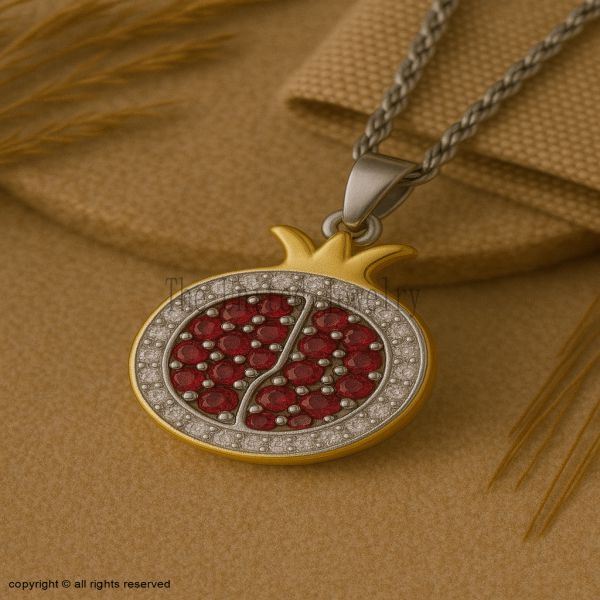 Sterling Silver Pomegranate Pendant Necklace, Ruby Gemstone, Two-Tone Gold Silver Fruit