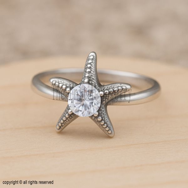 Sterling Silver Starfish Ring, CZ Ocean Jewelry