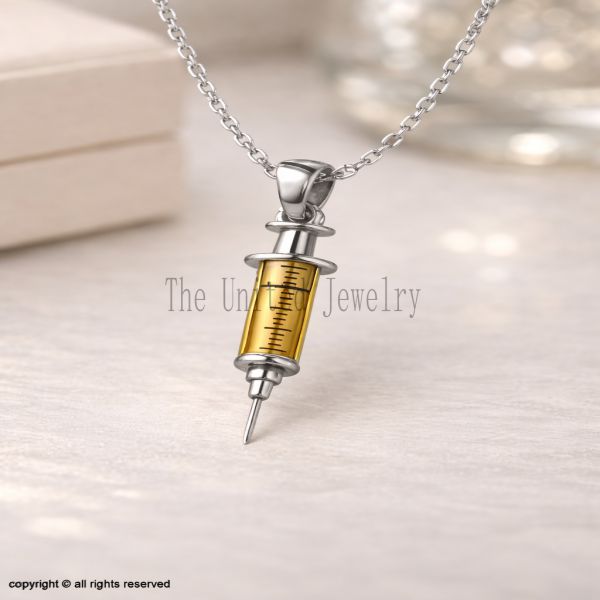 Sterling Silver Syringe Pendant Necklace, Rose Gold Accent, Medical Jewelry