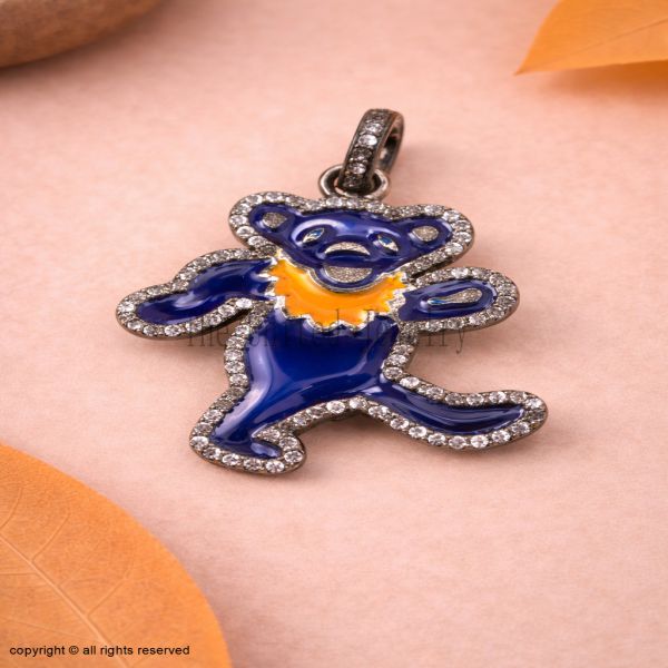 Sterling Silver Teddy Bear Pendant, Blue Enamel Diamond Accents, Cartoon Charm Jewelry
