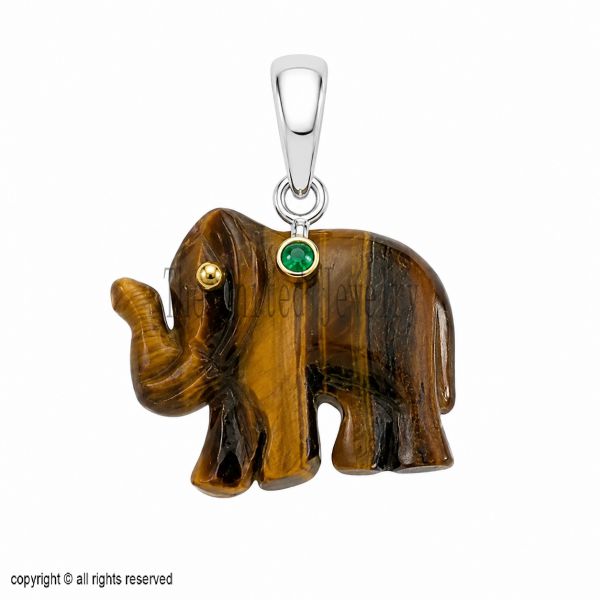 Sterling Silver Tiger Eye Elephant Pendant, Lucky Gemstone Charm Necklace