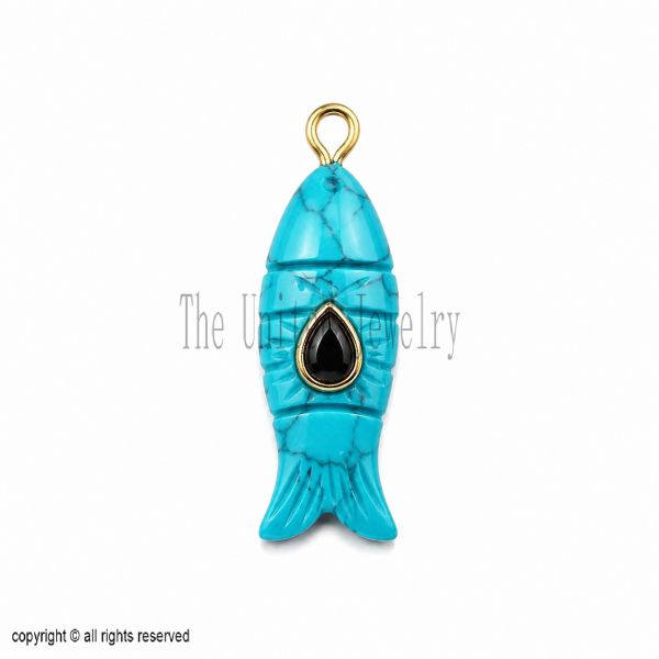 Sterling Silver Turquoise Fish Pendant, Gold Vermeil Carved Nautical Charm