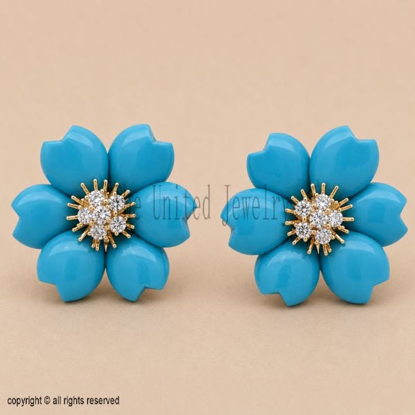 Sterling Silver Turquoise Flower Stud Earrings, Hand Carved Floral Blue Gemstone