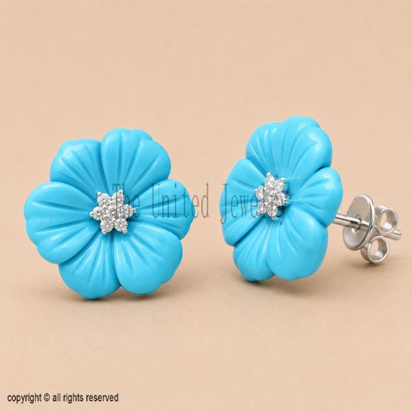 Sterling Silver Turquoise Flower Stud Earrings, Hand Carved Floral Blue Gemstone