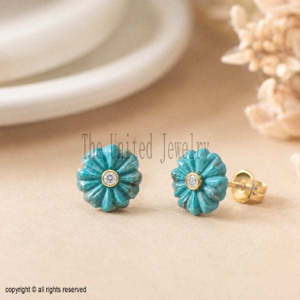 Sterling Silver Turquoise Flower Stud Earrings, Hand Carved Floral Blue Gemstone