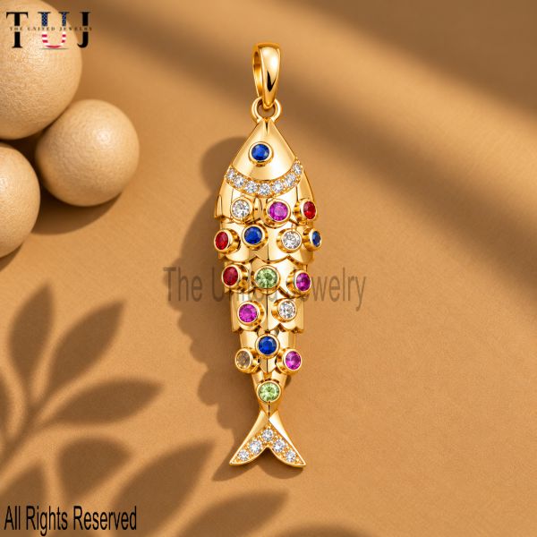925 Sterling Silver Fish Pendant Necklace, Multicolor Gemstone Fish Charm, Ocean Inspired Sea Jewelry