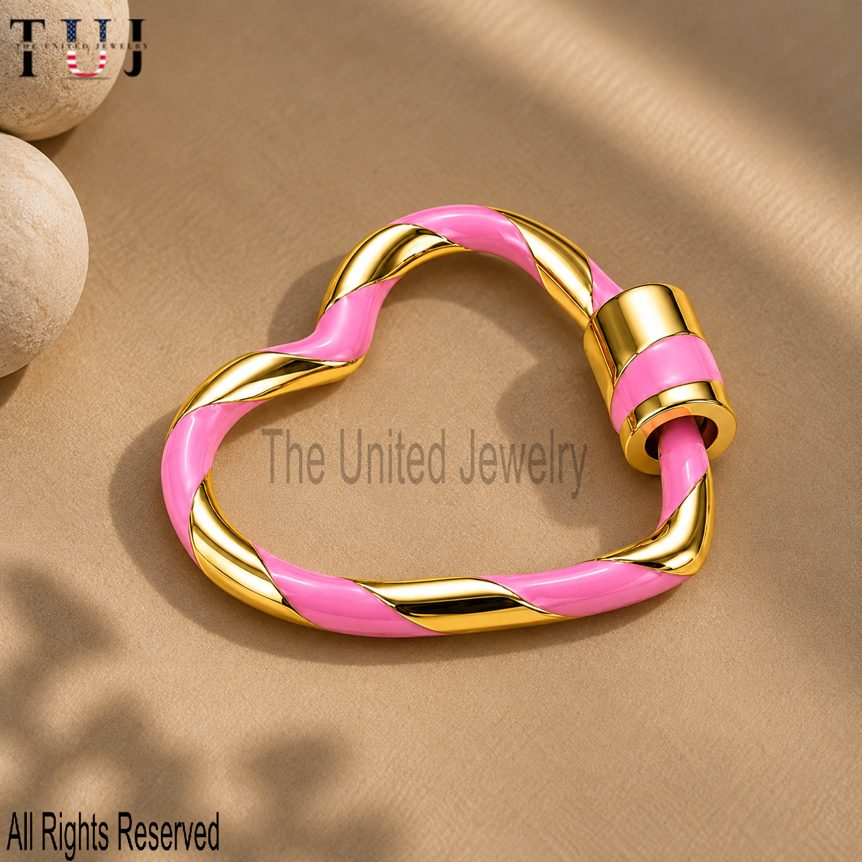Pink Enamel Twisted Sterling Silver Carabiner Clasp, Gold Plated Screw Lock Connector