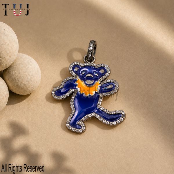 Sterling Silver Teddy Bear Pendant, Blue Enamel Diamond Accents, Cartoon Charm Jewelry
